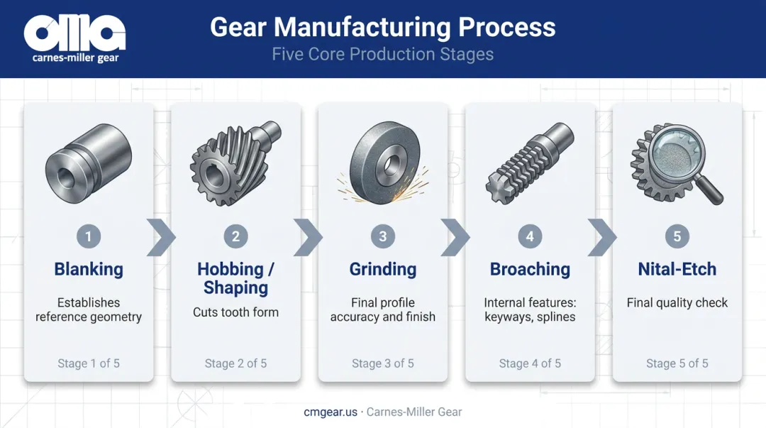 Five-step precision gear manufacturing process workflow from blanking to quality inspection