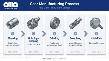 Five-step precision gear manufacturing process workflow from blanking to quality inspection