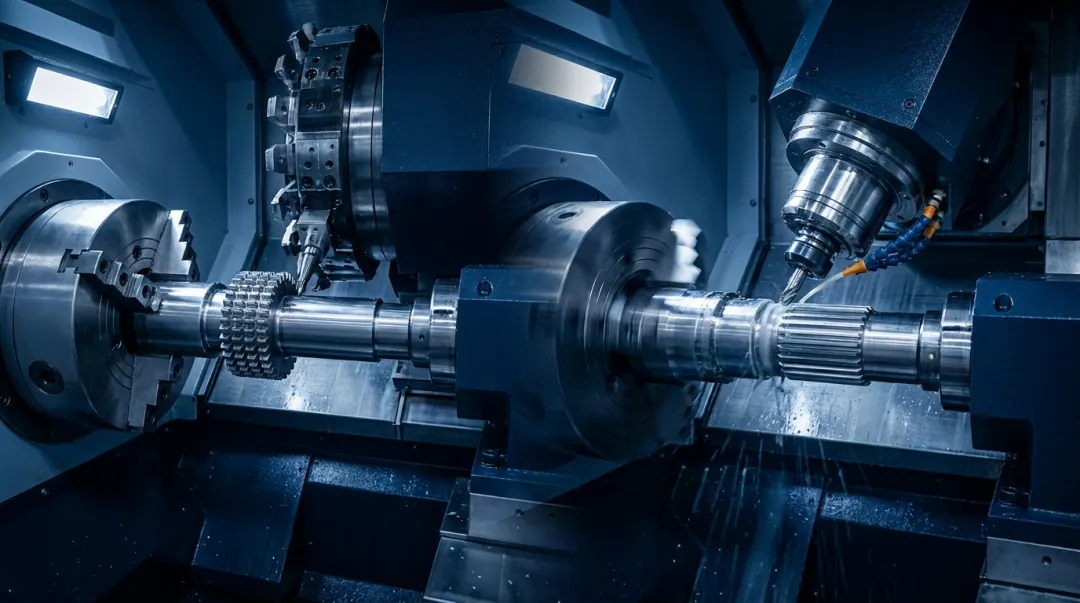 CNC multitasking machine performing gear cutting hobbing and milling in single setup
