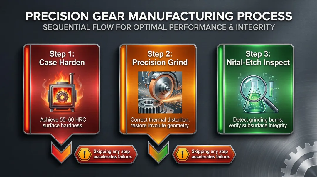 Three-step spur gear manufacturing process from case hardening to grinding to nital etch inspection