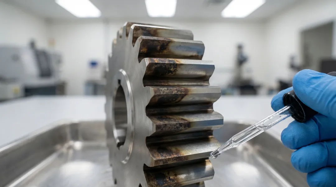 Nital etch inspection process revealing grinding burn damage on hardened gear tooth surface