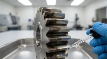 Nital etch inspection process revealing grinding burn damage on hardened gear tooth surface