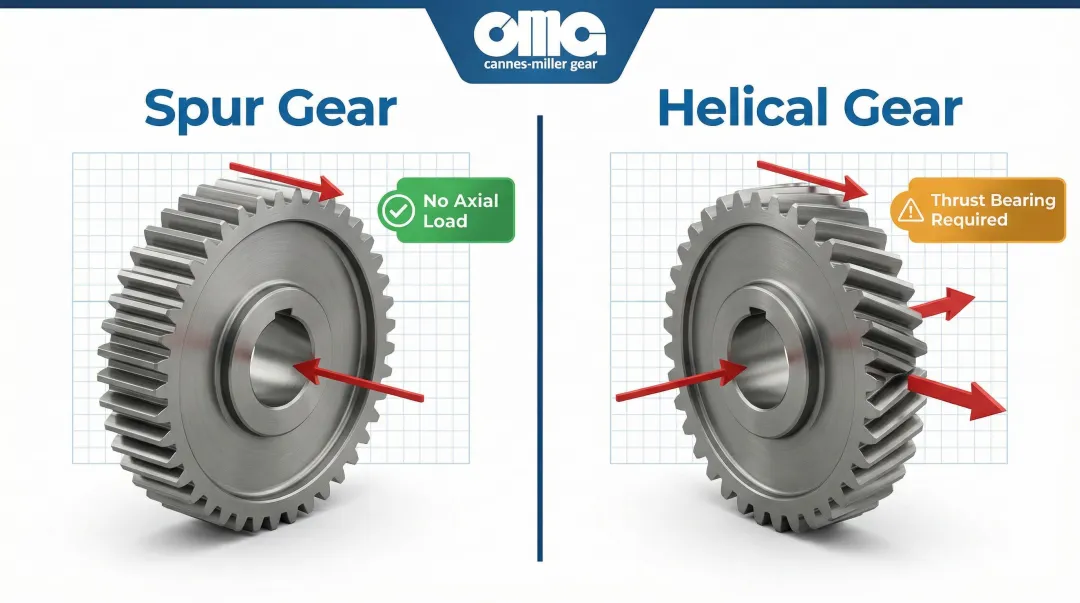 Spur gear versus helical gear axial thrust force comparison diagram
