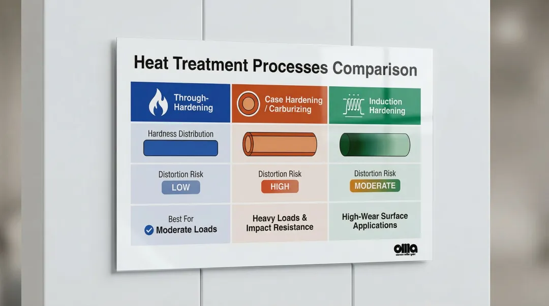 Three spur gear heat treatment processes comparison hardness distortion and application chart