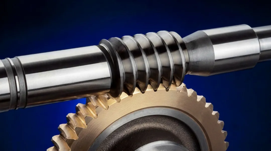 Worm gear set showing steel worm meshing with bronze worm wheel cross-section