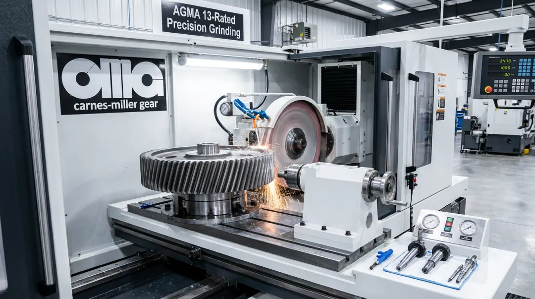 Precision gear grinding machine producing aerospace-grade ground spur gear to AGMA 13