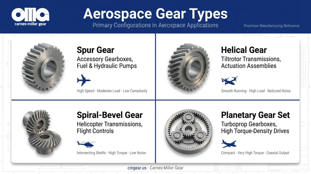 Four aerospace gear types spur helical bevel and planetary applications overview infographic