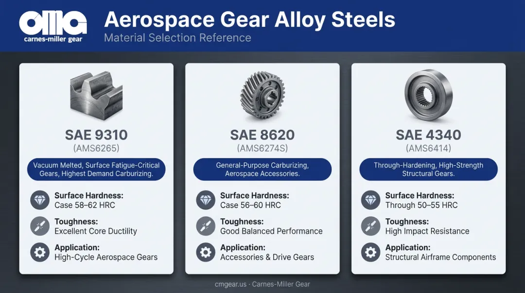 Aerospace gear alloy steel comparison SAE 9310 8620 and 4340 properties and applications