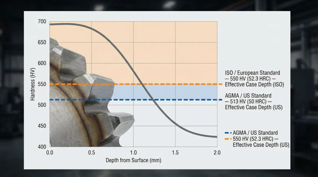 Gear case depth microhardness traverse diagram comparing AGMA and ISO measurement standards