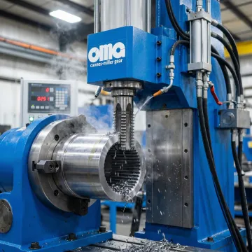 Precision broaching machine creating internal splines in metallic component