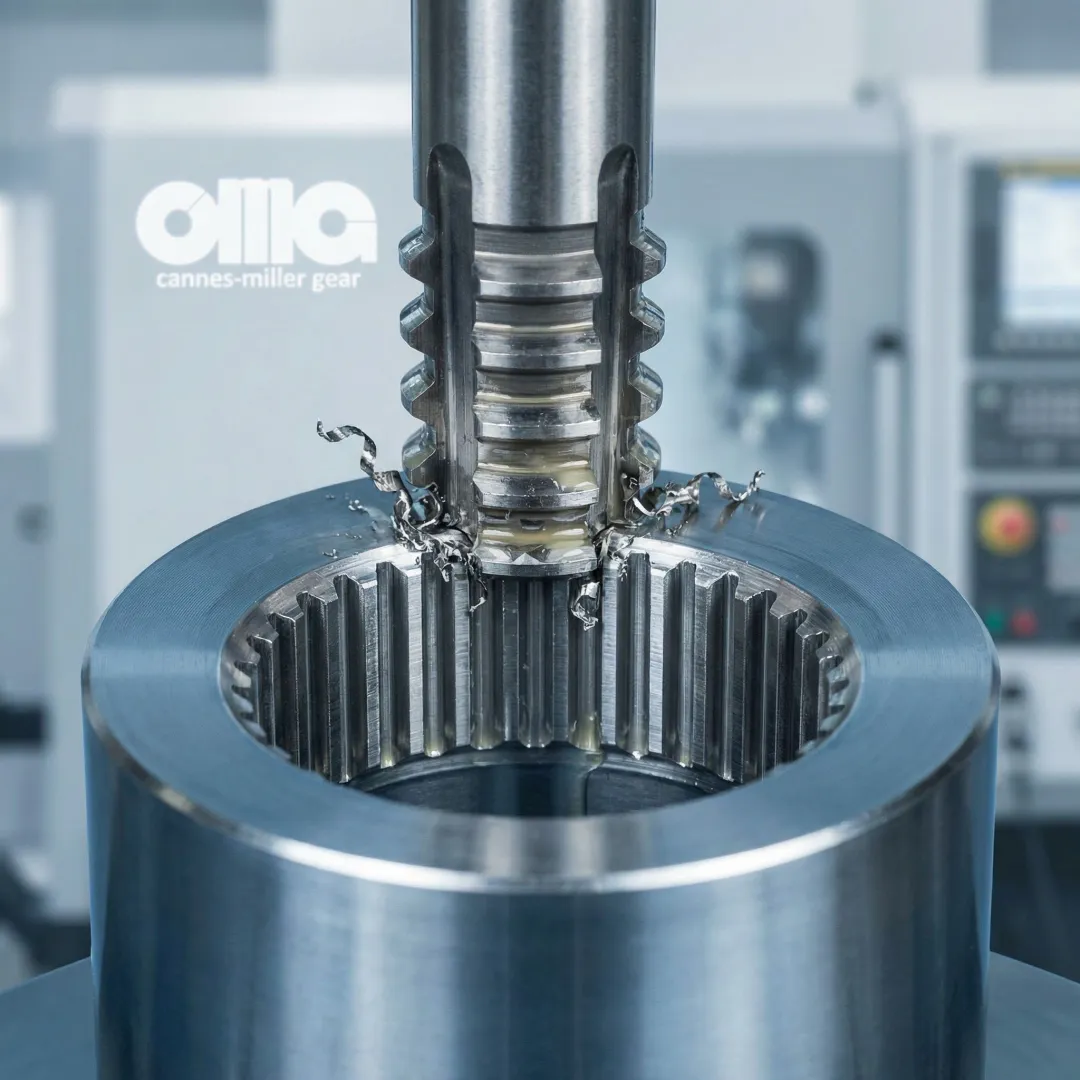 Precision broaching process showing internal cutting operation on metal component