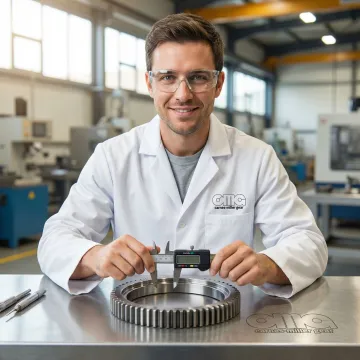 Engineer inspecting precision-ground ring gear with measurement tools
