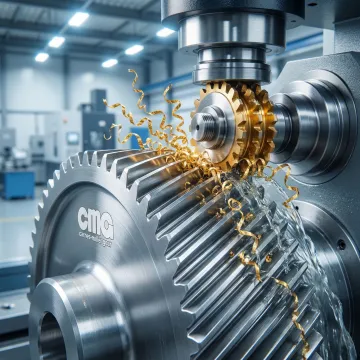 Industrial gear manufacturing process showing precision hobbing equipment