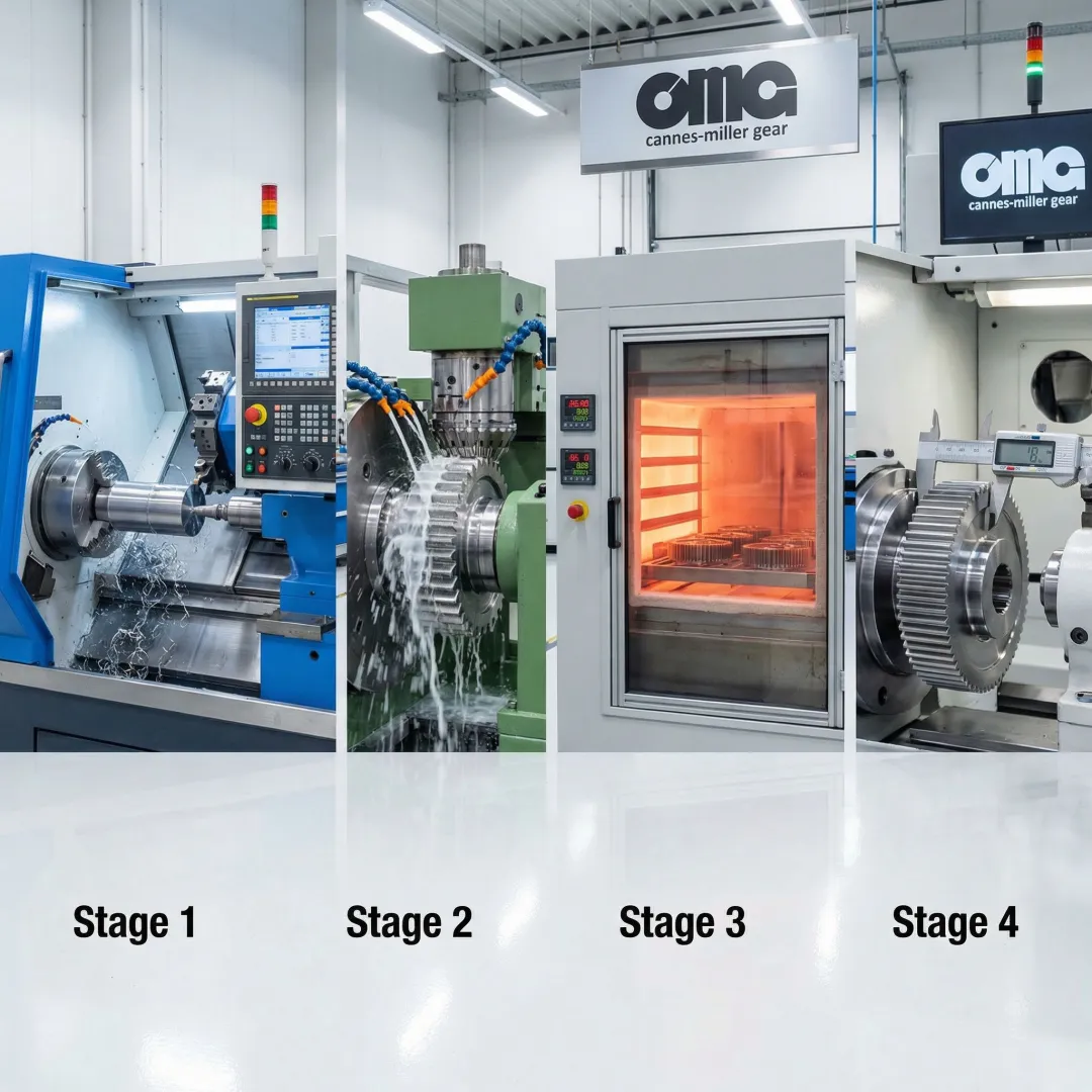 Gear cutting process showing manufacturing stages from blank to finished gear
