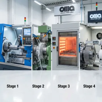 Gear cutting process showing manufacturing stages from blank to finished gear