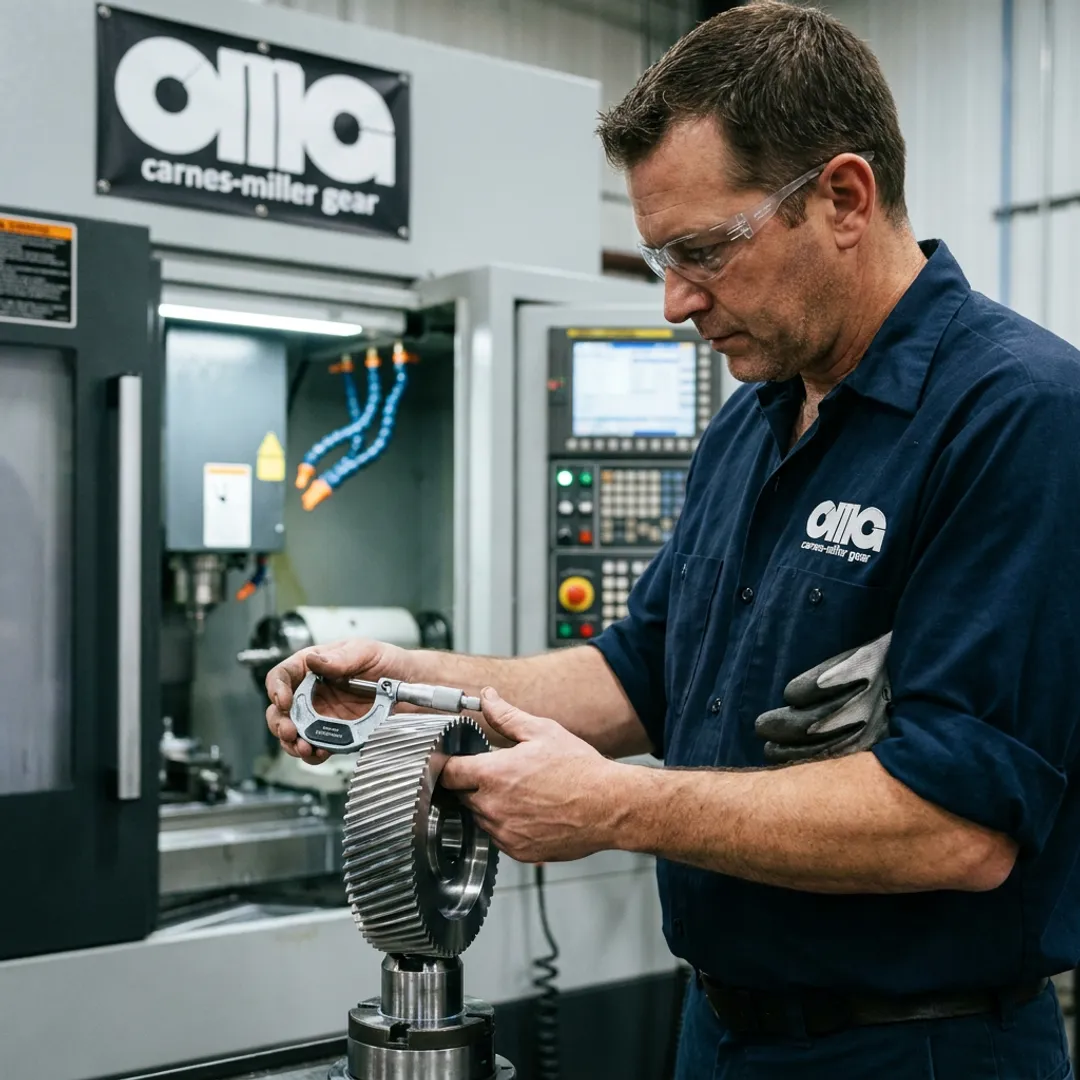 Technician inspecting shaped gear teeth