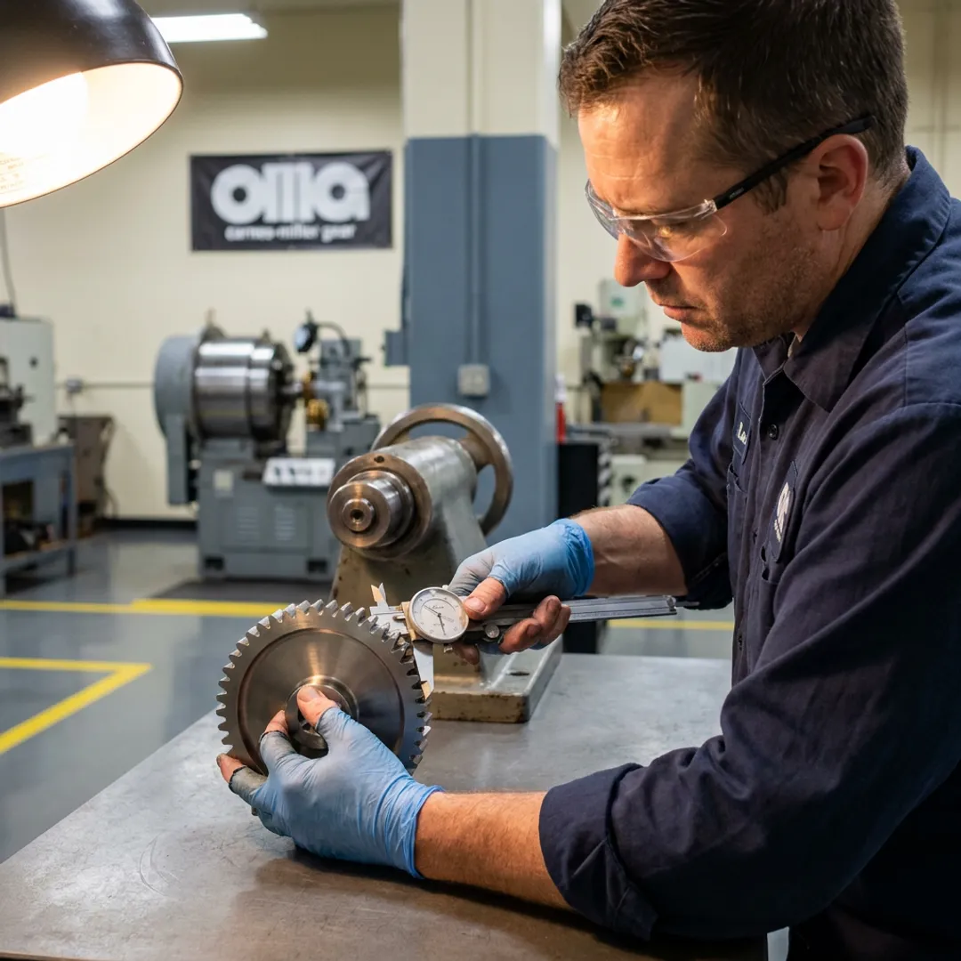 Machinist inspecting agricultural gear manufacturing process