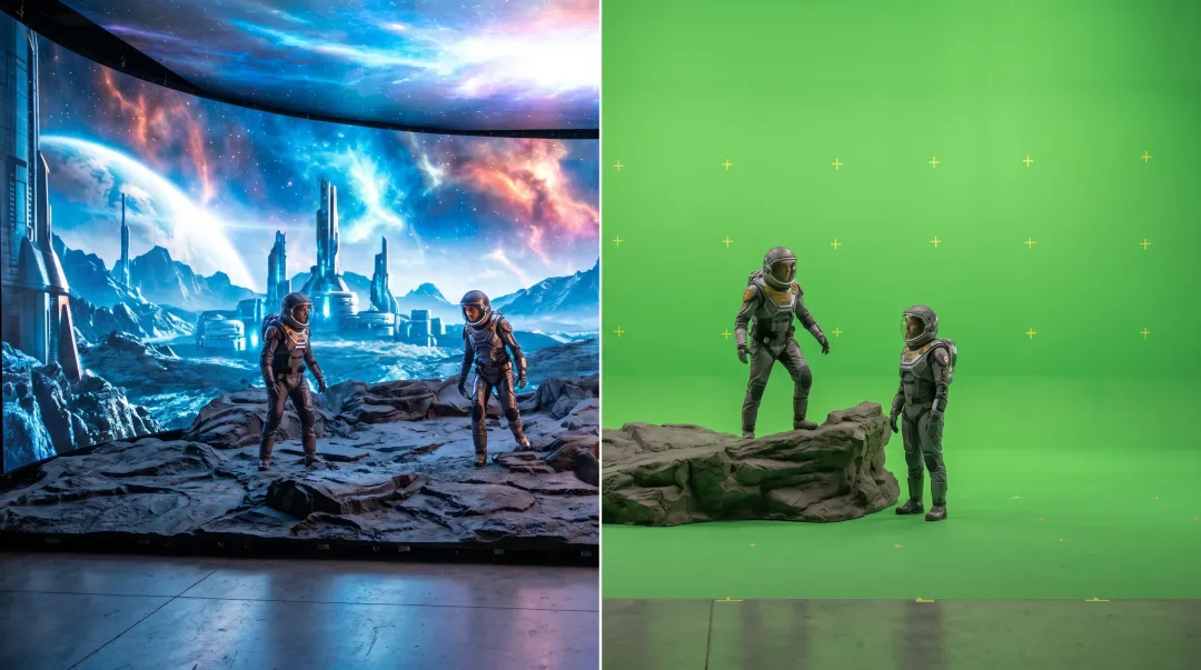 Side-by-side comparison of LED volume soundstage and green screen film studio