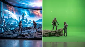 Side-by-side comparison of LED volume soundstage and green screen film studio