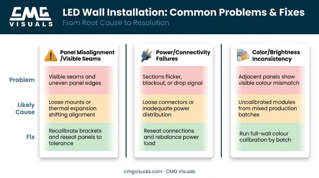 Three common LED wall installation problems causes and fixes comparison chart