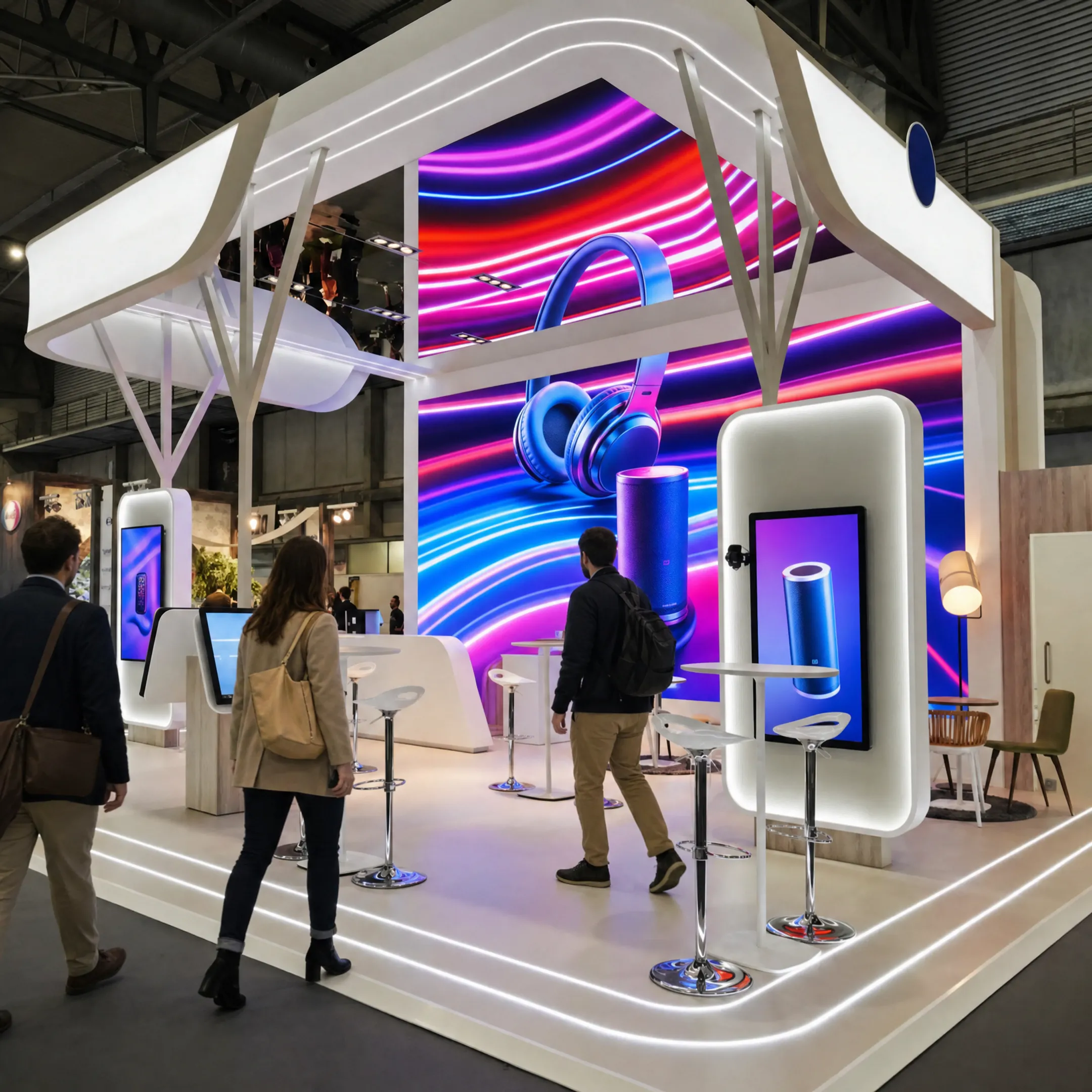 Trade show booth with vibrant LED video wall displaying product demo content