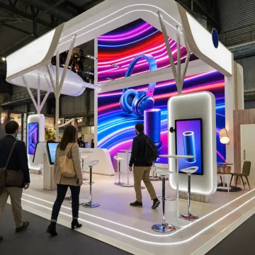Trade show booth with vibrant LED video wall displaying product demo content