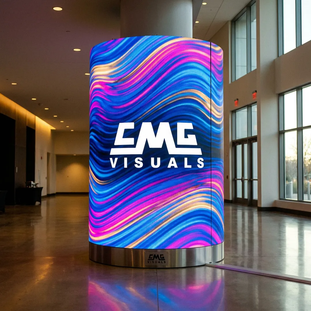 Cylindrical LED screen display in an event space