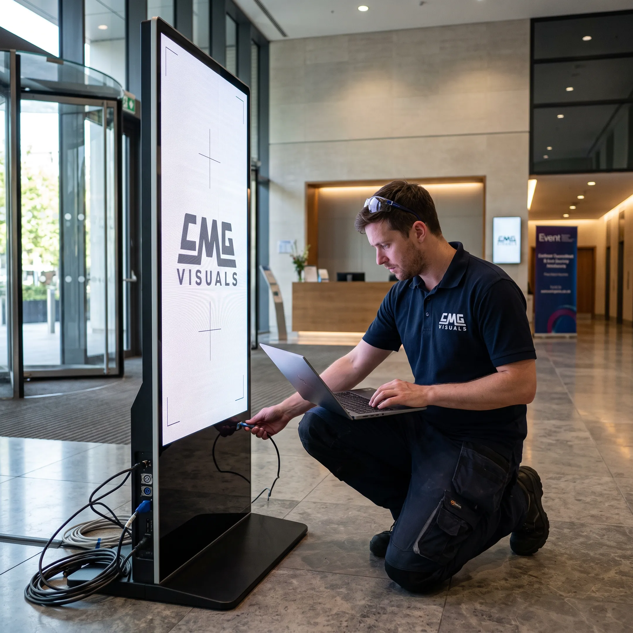 Technician configuring a freestanding LED poster display