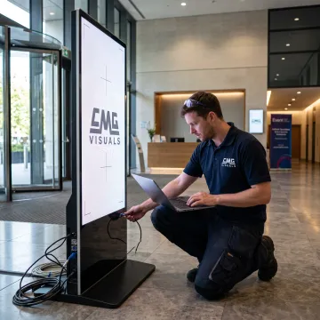 Technician configuring a freestanding LED poster display