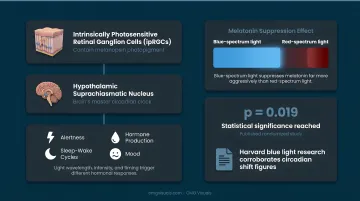Blue versus red LED melatonin suppression comparison data table infographic