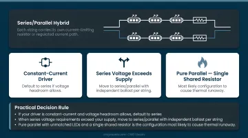 Series versus parallel versus hybrid LED circuit configuration decision guide infographic