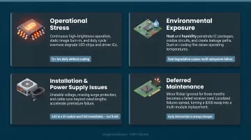Four root causes of LED display failure illustrated comparison infographic