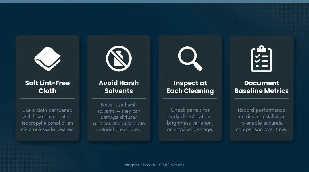 LED panel light cleaning and maintenance protocol checklist four-step process infographic