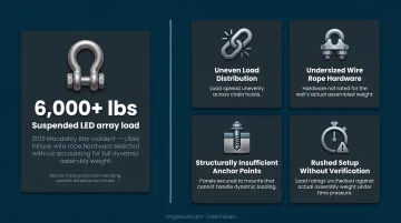 Four common LED wall rigging errors causing structural failure infographic