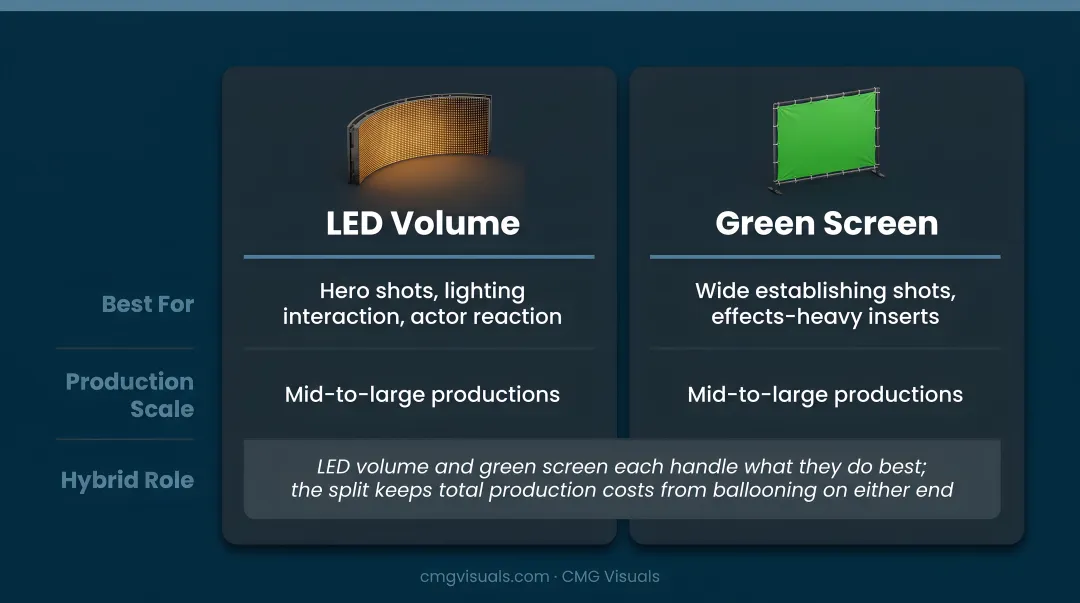 Green screen versus LED volume stage side-by-side production comparison infographic