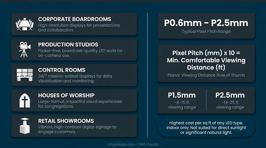 Indoor fine-pitch LED panel pixel pitch comparison table by environment and use case