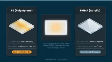 PS versus PMMA light guide plate material comparison yellowing risk infographic