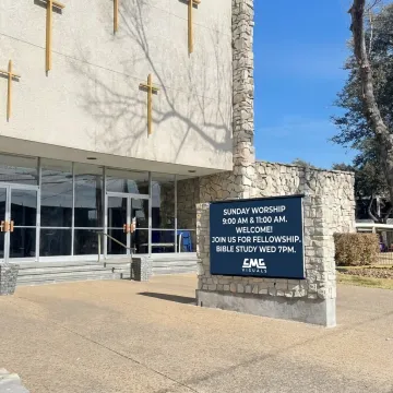 Outdoor LED church sign displaying worship announcements