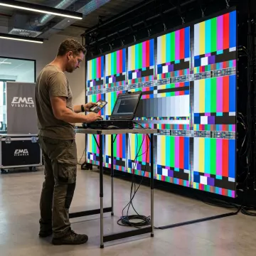 Technician calibrating an indoor LED digital billboard