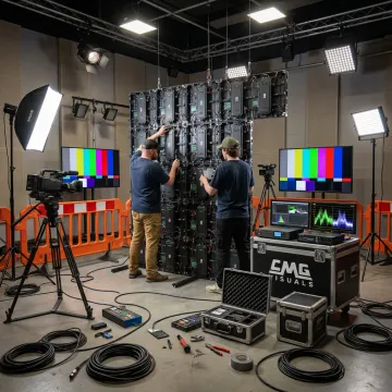 Technicians setting up an LED wall in a studio