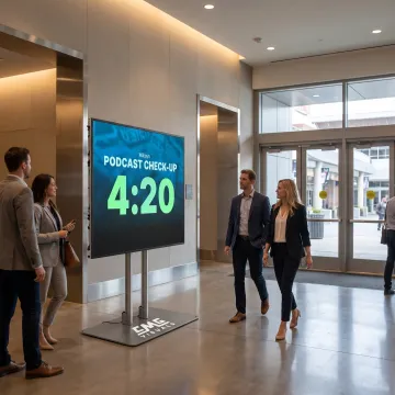 Freestanding LED poster display showing colorful event content