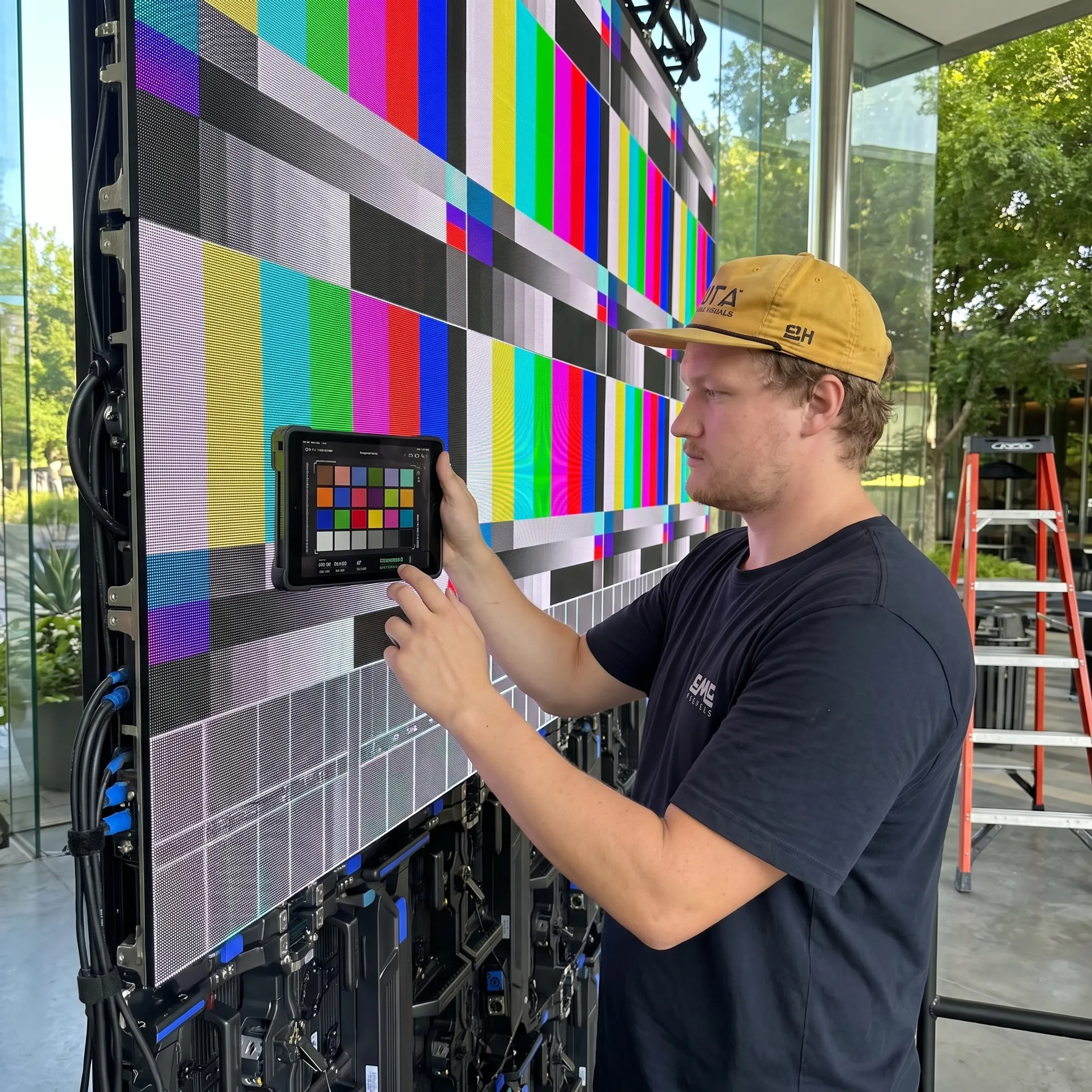 Technician servicing an LED video wall