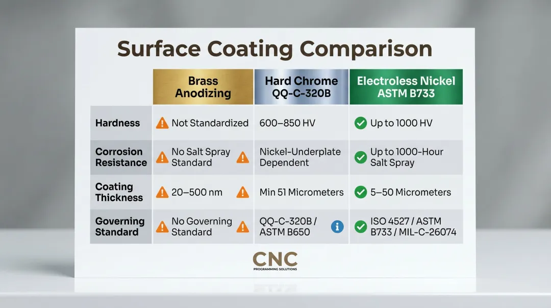 Brass anodizing versus hard chrome versus electroless nickel properties comparison chart
