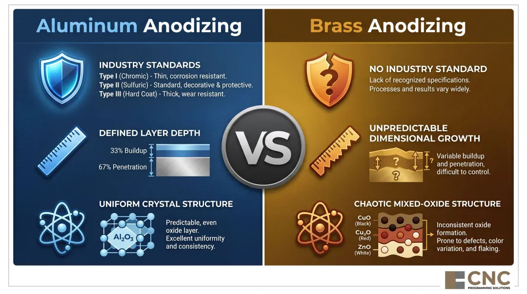 Brass versus aluminum anodizing key differences side-by-side comparison infographic