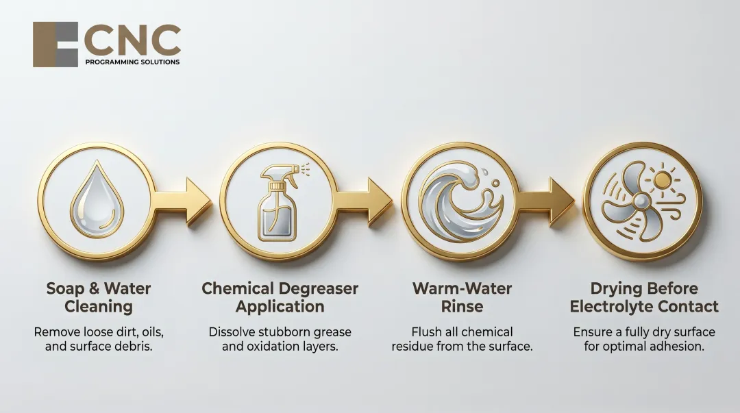 4-step brass surface preparation sequence before anodizing process flow