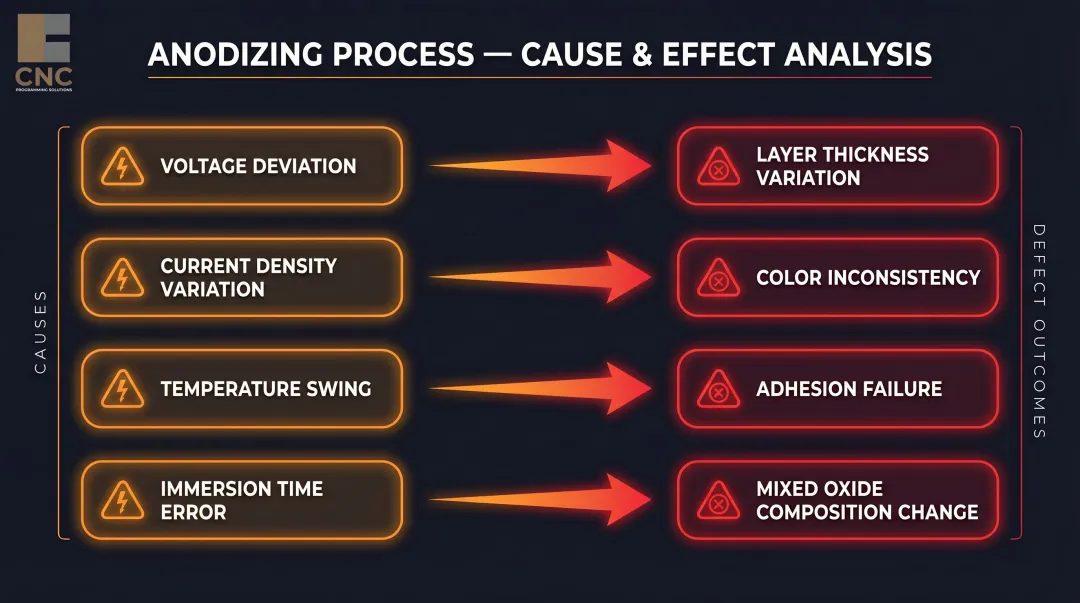 Brass anodizing process parameter deviations and resulting quality defects infographic