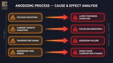 Brass anodizing process parameter deviations and resulting quality defects infographic