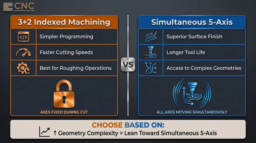3-plus-2 indexed versus simultaneous 5-axis CNC machining method comparison infographic