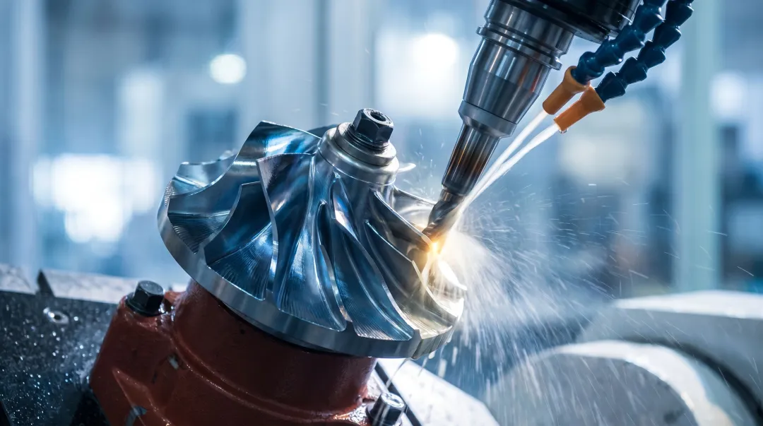 5-axis CNC machining center producing complex titanium aerospace prototype component