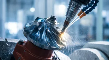 5-axis CNC machining center producing complex titanium aerospace prototype component